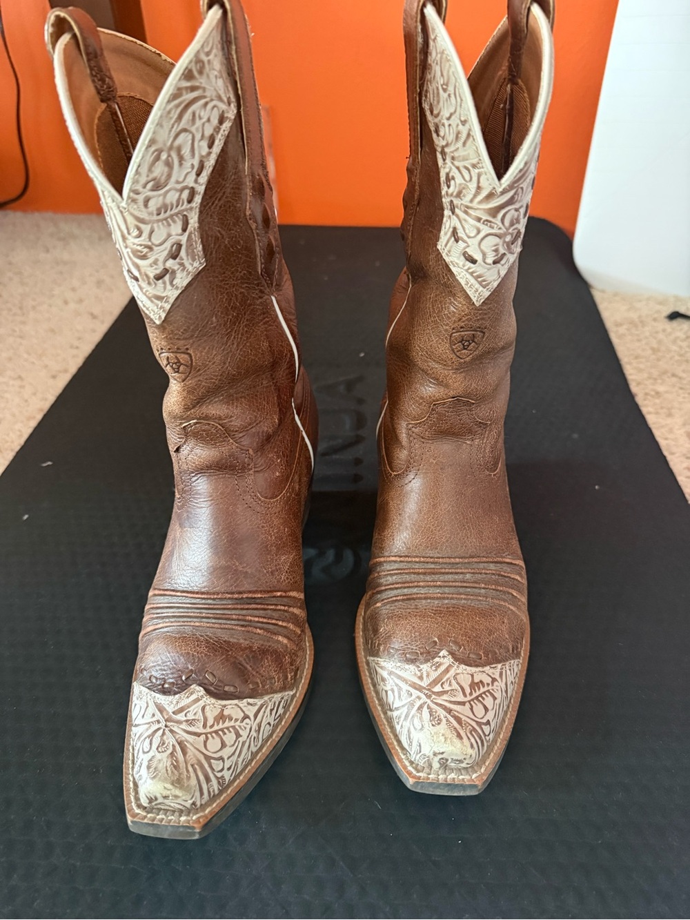 Ariat Brown Leather Western Boots with Cream Embossed Toe and Shaft